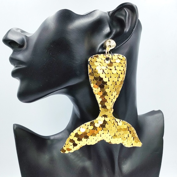 Creative Reflective Sequins Mermaid Tail gold post long Earrings for single ear - Picture 1 of 16